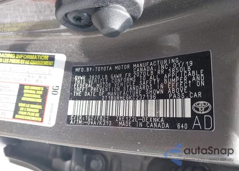 2019 Toyota Corolla Le from USA, damaged, VIN 2T1BURHE6KC237196